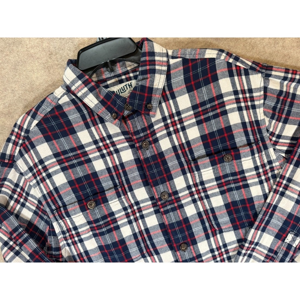 Duluth Trading Co Mens Medium Relaxed Fit Plaid Flannel Shirt Navy Red White